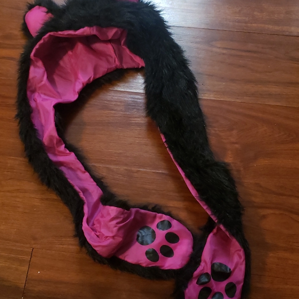 Faux fur cat hat with mittens attached